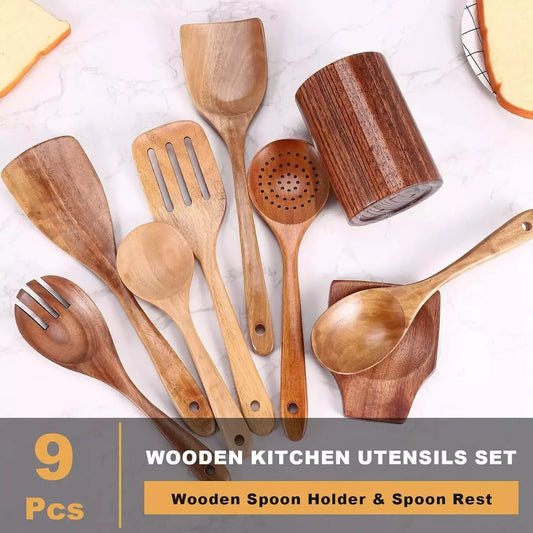 9-Piece Eco-Friendly Teak Wooden Utensils Set