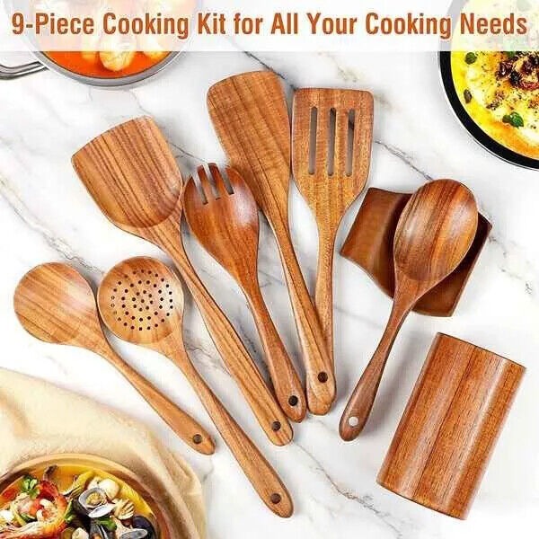 9-Piece Eco-Friendly Teak Wooden Utensils Set
