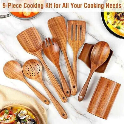 9-Piece Eco-Friendly Teak Wooden Utensils Set